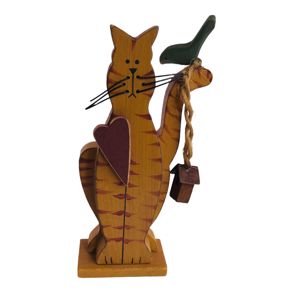 Country Cat Wooden Whimsical Painted w/ Bird and Birdhouse Red Heart on Chest